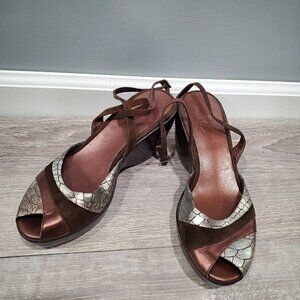 Cole Haan Women's Brown Gray Metallic Open Toe Heel Strap Wedge Sandal Sz 8B